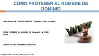 COMO PROTEGER EL NOMBRE DE
DOMINIO
EN CASO QUE YA TENGA NOMBRE DE DOMINIO, ¿Cómo lo protejo?

COMO PROTEGER EL NOMBRE DE DOMINIO EN OTROS
PAISES

CONFLICTOS POR NOMBRES DE DOMINIO

Imagen tomada de: http://www.jergalicia.com

 