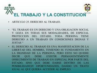 EL TRABAJO Y LA CONSTITUCION
• ARTICULO 25. DERECHO AL TRABAJO.
• “EL TRABAJO ES UN DERECHO Y UNA OBLIGACION SOCIAL
Y GOZA EN TODAS SUS MODALIDADES, DE ESPECIAL
PROTECCION DEL ESTADO. TODA PERSONA TIENE
DERECHO A UN TRABAJO EN CONDICIONES DIGNAS Y
JUSTAS “
• EL DERECHO AL TRABAJO ES UNA MANIFESTACION DE LA
LIBERTAD DEL HOMBRE, TENIENDO SU FUNDAMENTO EN
LA DIGNIDAD DE LA PERSONA, PERO ESTO NO QUIERE
DECIR QUE DEBE EXISTIR PERMANENTEMENTE
OFRECIMIENTO DE TRABAJO EN ESPECIAL POR PARTE DEL
ESTADO, SINO QUE DEBE DARSE DENTRO DE LAS
POSIBILIDADESY OPORTUNIDADES, DANDO UN TRATO
IGUAL AL QUE QUIERA ACCEDER AL EMPLEO.
 
