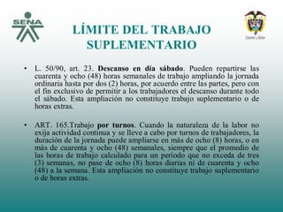 LÍMITE DEL TRABAJO
SUPLEMENTARIO
• L. 50/90, art. 23. Descanso en día sábado. Pueden repartirse las
cuarenta y ocho (48) horas semanales de trabajo ampliando la jornada
ordinaria hasta por dos (2) horas, por acuerdo entre las partes, pero con
el fin exclusivo de permitir a los trabajadores el descanso durante todo
el sábado. Esta ampliación no constituye trabajo suplementario o de
horas extras.
• ART. 165.Trabajo por turnos. Cuando la naturaleza de la labor no
exija actividad continua y se lleve a cabo por turnos de trabajadores, la
duración de la jornada puede ampliarse en más de ocho (8) horas, o en
más de cuarenta y ocho (48) semanales, siempre que el promedio de
las horas de trabajo calculado para un período que no exceda de tres
(3) semanas, no pase de ocho (8) horas diarias ni de cuarenta y ocho
(48) a la semana. Esta ampliación no constituye trabajo suplementario
o de horas extras.
 