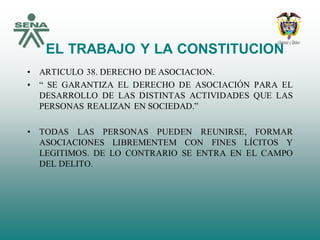 EL TRABAJO Y LA CONSTITUCION
• ARTICULO 38. DERECHO DE ASOCIACION.
• “ SE GARANTIZA EL DERECHO DE ASOCIACIÓN PARA EL
DESARROLLO DE LAS DISTINTAS ACTIVIDADES QUE LAS
PERSONAS REALIZAN EN SOCIEDAD.”
• TODAS LAS PERSONAS PUEDEN REUNIRSE, FORMAR
ASOCIACIONES LIBREMENTEM CON FINES LÍCITOS Y
LEGITIMOS. DE LO CONTRARIO SE ENTRA EN EL CAMPO
DEL DELITO.
 
