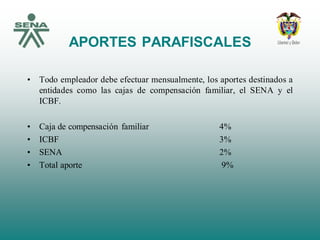APORTES PARAFISCALES
• Todo empleador debe efectuar mensualmente, los aportes destinados a
entidades como las cajas de compensación familiar, el SENA y el
ICBF.
• Caja de compensación familiar 4%
• ICBF 3%
• SENA 2%
• Total aporte 9%
 