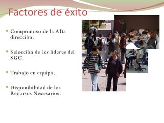 Factores de éxito Compromiso de la Alta dirección. Selección de los líderes del SGC. Trabajo en equipo. Disponibilidad de los Recursos Necesarios. 