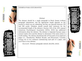 EJEMPLO PARA ESTUDIANTES 3
Abstract
The abstract should be a single paragraph in block format (without
paragraph indentation), and the appropriate length depends on the
journal to which you are submitting, but they are typically between 150
and 200 words. (Students should consult their instructor for the
recommended length of the abstract.) Section 2.04 of the APA manual
(American Psychological Association [APA], 2010) has additional
information about the abstract. The abstract is important because many
journal readers first read the abstract to determine if the entire article is
worth reading. The abstract should describe all four parts of an empirical
paper (i.e., Introduction, Method, Results, and Discussion). Consider
writing one or two sentences summarizing each part of a paper, and
you’ll have a nice abstract.
Keywords: Abstract, paragraph, manual, describe, article.
 