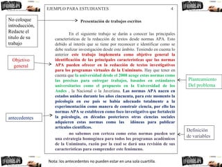 EJEMPLO PARA ESTUDIANTES 4
Presentación de trabajos escritos
En el siguiente trabajo se darán a conocer las principales
características de la redacción de textos desde normas APA. Esto
debido al interés que se tiene por reconocer e identificar como se
debe realizar investigación desde este ámbito. Teniendo en cuenta lo
anterior este trabajo implementa como objetivo general la
identificación de las principales características que las normas
APA pueden ofrecer en la redacción de textos investigativos
para los programas virtuales de la Uniminuto. Hay que tener en
cuenta que la universidad desde el 2008 acoge estas normas como
las precisas para entregar trabajos, basados en estándares
universitarios como el propuesto en la Universidad de los
Andes , la Nacional o la Javeriana. Las normas APA nacen en
estados unidos durante los años cincuenta, para este momento la
psicología en ese país se había adecuado totalmente a la
experimentación como manera de construir ciencia, por ello las
normas APA se establecen como foco investigativo que fortaleció
la psicología, en décadas posteriores otras ciencias sociales
adquieren estas normas como las idóneas para publicar
artículos científicos.
no sabemos con certeza como estas normas pueden ser
una estrategia homogénea para todos los programas académicos
de la Uniminuto, razón por la cual se dará una revisión de sus
características para comprender este fenómeno.
Objetivo
general
Planteamiento
Del problema
antecedentes
Definición
de variables
Nota: los antecedentes no pueden estar en una sola cuartilla.
No coloque
introducción,
Redacte el
titulo de su
trabajo
 