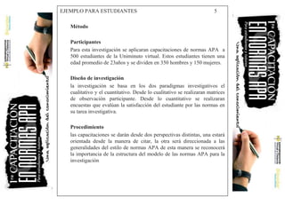 EJEMPLO PARA ESTUDIANTES 5
Método
Participantes
Para esta investigación se aplicaran capacitaciones de normas APA a
500 estudiantes de la Uniminuto virtual. Estos estudiantes tienen una
edad promedio de 23años y se dividen en 350 hombres y 150 mujeres.
Diseño de investigación
la investigación se basa en los dos paradigmas investigativos el
cualitativo y el cuantitativo. Desde lo cualitativo se realizaran matrices
de observación participante. Desde lo cuantitativo se realizaran
encuestas que evalúan la satisfacción del estudiante por las normas en
su tarea investigativa.
Procedimiento
las capacitaciones se darán desde dos perspectivas distintas, una estará
orientada desde la manera de citar, la otra será direccionada a las
generalidades del estilo de normas APA de esta manera se reconocerá
la importancia de la estructura del modelo de las normas APA para la
investigación
 