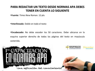 PARA REDACTAR UN TEXTO DESDE NORMAS APA DEBESPARA REDACTAR UN TEXTO DESDE NORMAS APA DEBES
TENER EN CUENTA LO SIGUIENTETENER EN CUENTA LO SIGUIENTE
•Fuente: Times New Roman. 12 pts
•Interlineado: Doble en todo el texto
•Encabezado: No debe exceder los 50 caracteres. Debe ubicarse en la
esquina superior derecha de todas las páginas del texto en mayúscula
sostenida.
 