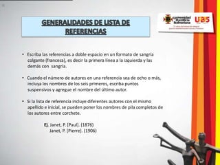 [1]




      • Escriba las referencias a doble espacio en un formato de sangría
        colgante (francesa), es decir la primera línea a la izquierda y las
        demás con sangría.

      • Cuando el número de autores en una referencia sea de ocho o más,
        incluya los nombres de los seis primeros, escriba puntos
        suspensivos y agregue el nombre del último autor.

      • Si la lista de referencia incluye diferentes autores con el mismo
        apellido e inicial, se pueden poner los nombres de pila completos de
        los autores entre corchete.

                 Ej. Janet, P. [Paul]. (1876)
                     Janet, P. [Pierre]. (1906)
 