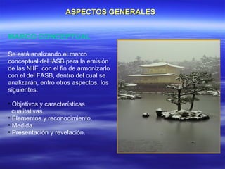 ASPECTOS GENERALES


MARCO CONCEPTUAL

Se está analizando el marco
conceptual del IASB para la emisión
de las NIIF, con el fin de armonizarlo
con el del FASB, dentro del cual se
analizarán, entro otros aspectos, los
siguientes:

• Objetivos y características
  cualitativas.
• Elementos y reconocimiento.
• Medida.
• Presentación y revelación.
 