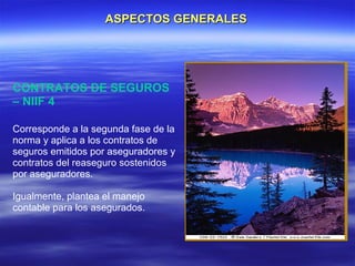 ASPECTOS GENERALES




CONTRATOS DE SEGUROS
– NIIF 4

Corresponde a la segunda fase de la
norma y aplica a los contratos de
seguros emitidos por aseguradores y
contratos del reaseguro sostenidos
por aseguradores.

Igualmente, plantea el manejo
contable para los asegurados.
 