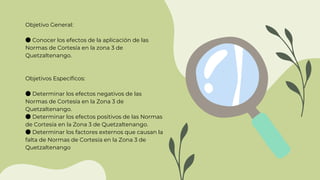 Objetivo General:
●Conocer los efectos de la aplicación de las
Normas de Cortesía en la zona 3 de
Quetzaltenango.
Objetivos Específicos:
●Determinar los efectos negativos de las
Normas de Cortesía en la Zona 3 de
Quetzaltenango.
●Determinar los efectos positivos de las Normas
de Cortesía en la Zona 3 de Quetzaltenango.
●Determinar los factores externos que causan la
falta de Normas de Cortesía en la Zona 3 de
Quetzaltenango
 