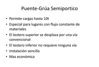 Puente-Grúa Semiportico
• Permite cargas hasta 10t
• Especial para lugares con flujo constante de
materiales
• El testero superior se desplaza por una vía
convencional
• El testero inferior no requiere ninguna vía
• Instalación sencilla
• Mas económica
 