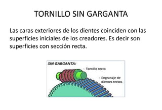 TORNILLO SIN GARGANTA
Las caras exteriores de los dientes coinciden con las
superficies iniciales de los creadores. Es decir son
superficies con sección recta.
 