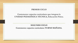 PRIMER CICLO
Contraturno: espacios curriculares que integran la
UNIDAD PEDAGÓGICA TÉCNICA, Educación Física.
SEGUNDO CICLO
Contraturno: espacios curriculares TURNO MAÑANA.
 