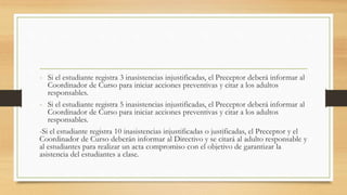 - Si el estudiante registra 3 inasistencias injustificadas, el Preceptor deberá informar al
Coordinador de Curso para iniciar acciones preventivas y citar a los adultos
responsables.
- Si el estudiante registra 5 inasistencias injustificadas, el Preceptor deberá informar al
Coordinador de Curso para iniciar acciones preventivas y citar a los adultos
responsables.
-Si el estudiante registra 10 inasistencias injustificadas o justificadas, el Preceptor y el
Coordinador de Curso deberán informar al Directivo y se citará al adulto responsable y
al estudiantes para realizar un acta compromiso con el objetivo de garantizar la
asistencia del estudiantes a clase.
 