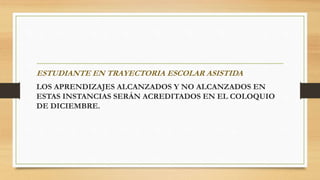 ESTUDIANTE EN TRAYECTORIA ESCOLAR ASISTIDA
LOS APRENDIZAJES ALCANZADOS Y NO ALCANZADOS EN
ESTAS INSTANCIAS SERÁN ACREDITADOS EN EL COLOQUIO
DE DICIEMBRE.
 
