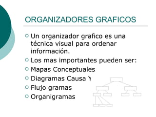 ORGANIZADORES GRAFICOS
   Un organizador grafico es una
    técnica visual para ordenar
    información.
   Los mas importantes pueden ser:
   Mapas Conceptuales
   Diagramas Causa Y Efecto
   Flujo gramas
   Organigramas
 