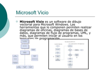 Microsoft Vicio
   Microsoft Visio es un software de dibujo
    vectorial para Microsoft Windows. Las
    herramientas que lo componen permiten realizar
    diagramas de oficinas, diagramas de bases de
    datos, diagramas de flujo de programas, UML, y
    más, que permiten iniciar al usuario en los
    lenguajes de programación.
 
