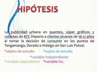 La publicidad urbana en puentes, súper gráficos y
volantes de KFC impacta a clientes jóvenes de 16-21 años
al tomar la decisión de consumir en los puntos de
Tangamanga, Dorado e Hidalgo en San Luis Potosí.
*objeto de estudio *sujeto de estudio
*variable independiente
*variable dependiente *variable inc.
 