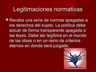 Legitimaciones normativasLegitimaciones normativas
 Recaba una serie de normas apegadas aRecaba una serie de normas apegadas a
los derechos del sujeto. La política debelos derechos del sujeto. La política debe
actuar de forma transparente apegada aactuar de forma transparente apegada a
las leyes. Debe ser legítima en el mundolas leyes. Debe ser legítima en el mundo
de las ideas o en un reino de criteriosde las ideas o en un reino de criterios
eternos en donde será juzgado.eternos en donde será juzgado.
 