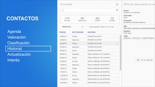 CONTACTOS
Agenda!
Valoración!
Clasiﬁcación!
Historial!
Actualización!
Interés
 