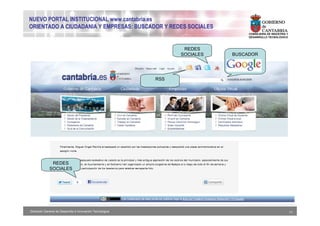 NUEVO PORTAL INSTITUCIONAL www.cantabria.es
ORIENTADO A CIUDADANIA Y EMPRESAS: BUSCADOR Y REDES SOCIALES
                                                                                 CONSEJERIA DE INDUSTRIA Y
                                                                                 DESARROLLO TECNOLÓGICO



                                                                  REDES
                                                                 SOCIALES   BUSCADOR




                                                           RSS




              REDES
             SOCIALES




Dirección General de Desarrollo e Innovación Tecnológica                                                     11
 