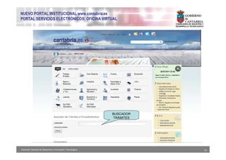 NUEVO PORTAL INSTITUCIONAL www.cantabria.es
PORTAL SERVICIOS ELECTRÓNICOS: OFICINA VIRTUAL
                                                                      CONSEJERIA DE INDUSTRIA Y
                                                                      DESARROLLO TECNOLÓGICO




                                                           BUSCADOR
                                                           TRÁMITES




Dirección General de Desarrollo e Innovación Tecnológica                                          13
 