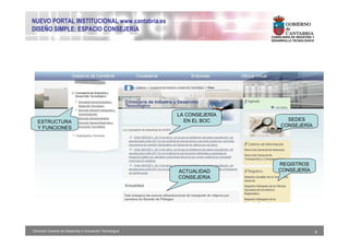 NUEVO PORTAL INSTITUCIONAL www.cantabria.es
DISEÑO SIMPLE: ESPACIO CONSEJERÍA
                                                                           CONSEJERIA DE INDUSTRIA Y
                                                                           DESARROLLO TECNOLÓGICO




                                                           LA CONSEJERÍA
   ESTRUCTURA                                                EN EL BOC            SEDES
   Y FUNCIONES                                                                  CONSEJERÍA




                                                                               REGISTROS
                                                           ACTUALIDAD          CONSEJERÍA
                                                           CONSEJERIA




Dirección General de Desarrollo e Innovación Tecnológica                                               8
 