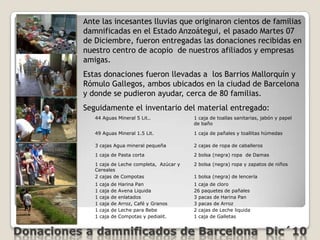 Ante las incesantes lluvias que originaron cientos de familias damnificadas en el Estado Anzoátegui, el pasado Martes 07 de Diciembre, fueron entregadas las donaciones recibidas en nuestro centro de acopio  de nuestros afiliados y empresas amigas.Estas donaciones fueron llevadas a  los Barrios Mallorquín y Rómulo Gallegos, ambos ubicados en la ciudad de Barcelona y donde se pudieron ayudar, cerca de 80 familias.Seguidamente el inventario del material entregado:Donaciones a damnificados de Barcelona  Dic´10