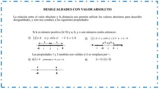 DESIGUALDADES CON VALOR ABSOLUTO
La relación entre el valor absoluto y la distancia nos permite utilizar los valores absolutos para describir
desigualdades, y esto nos conduce a las siguientes propiedades:
Si k es número positivo (k>0) y a, b, y x son números reales entonces:
Las propiedades 1 y 2 también son validas si £ se remplaza por <.
Si , entonces x = k, o,x = -k.
1) 2)
3) 4)
 