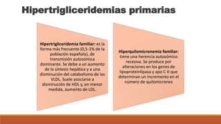 Hipertrigliceridemias primarias
Hipertrigliceridemia familiar: es la
forma más frecuente (0,5-1% de la
población española), de
transmisión autosómica
dominante. Se debe a un aumento
de la síntesis hepática y a una
disminución del catabolismo de las
VLDL. Suele asociarse a
disminución de HDL y, en menor
medida, aumento de LDL.
Hiperquilomicronemia familiar:
tiene una herencia autosómico
recesiva. Se produce por
alteraciones en los genes de
lipoproteinlipasa y apo C-II que
determinan un incremento en el
número de quilomicrones
 