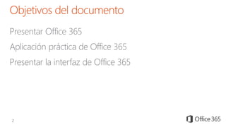 Presentar Office 365
Aplicación práctica de Office 365
Presentar la interfaz de Office 365
 