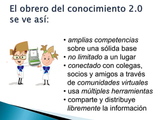 • amplias competencias
  sobre una sólida base
• no limitado a un lugar
• conectado con colegas,
  socios y amigos a través
  de comunidades virtuales
• usa múltiples herramientas
• comparte y distribuye
  libremente la información
 