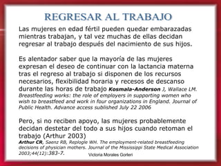 REGRESAR AL TRABAJO Las mujeres en edad fértil pueden quedar embarazadas mientras trabajan, y tal vez muchas de ellas decidan regresar al trabajo después del nacimiento de sus hijos.  Es alentador saber que la mayoría de las mujeres expresan el deseo de continuar con la lactancia materna tras el regreso al trabajo si disponen de los recursos necesarios, flexibilidad horaria y recesos de descanso durante las horas de trabajo   Kosmala-Anderson  J, Wallace LM. Breastfeeding works: the role of employers in supporting women who wish to breastfeed and work in four organizations in England. Journal of Public Health. Advance access sublished July 22 2006 Pero, si no reciben apoyo, las mujeres probablemente decidan destetar del todo a sus hijos cuando retoman el trabajo (Arthur 2003) Arthur CR , Saenz RB, Replogle WH. The employment-related breastfeeding decisions of physician mothers. Journal of the Mississippi State Medical Association 2003;44(12): 383-7. 