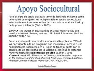 Apoyo Sociocultural Para el logro de tasas elevadas tanto de lactancia materna como de empleo de mujeres, es indispensable el apoyo sociocultural además de medidas en el orden del mercado laboral, sanitario y de la primera infancia (Galtry 2003) Galtry J . The impact on breastfeeding of labour market policy and practice in Ireland, Sweden, and the USA. Social Science and Medicine 2003;57(1):167-77. En un estudio realizado en dos empresas diferentes, el 75% de las participantes de un programa que involucró el acceso a una habitación con sacaleches en el lugar de trabajo, junto con el consejo de un profesional de la lactancia, continuó la lactancia materna hasta los  seis meses de vida  (Cohen 1994) Cohen R , Mrtek MB. The impact of two corporate lactation programs on the incidence and duration of breast-feeding by employed mothers. American Journal of Health Promotion 1994;8(6):436-41 