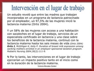 Intervención en el lugar de trabajo Un estudio reveló que entre las madres que trabajan incorporadas en un programa de lactancia patrocinado  por el empleador, un 97,5% de las mujeres inició la lactancia materna (Ortiz 2004). Y un 58% de las mujeres con acceso a una habitación  con sacaleches en el lugar de trabajo, servicios de un especialista certificado en lactancia y una clase sobre  los beneficios de la lactancia materna, continuó con la lactancia materna hasta los seis meses de vida   (Ortiz 2004) Ortiz J , McGilligan K, Kelly P. Duration of breast milk expression among working mothers enrolled in an employer-sponsored lactation program. Pediatric Nursing 2004;30(2):111-9.  Por lo tanto, las intervenciones en el lugar de trabajo ejercerían un impacto positivo tanto en el inicio como  en la duración de la lactancia materna. 