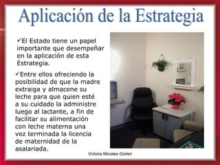 Aplicación de la Estrategia El Estado tiene un papel importante que desempeñar en la aplicación de esta Estrategia. Entre ellos ofreciendo la posibilidad de que la madre extraiga y almacene su leche para que quien esté  a su cuidado la administre luego al lactante, a fin de facilitar su alimentación  con leche materna una  vez terminada la licencia  de maternidad de la asalariada. 