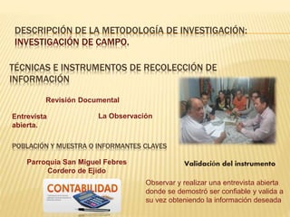 DESCRIPCIÓN DE LA METODOLOGÍA DE INVESTIGACIÓN:
INVESTIGACIÓN DE CAMPO.
TÉCNICAS E INSTRUMENTOS DE RECOLECCIÓN DE
INFORMACIÓN
La ObservaciónEntrevista
abierta.
Revisión Documental
POBLACIÓN Y MUESTRA O INFORMANTES CLAVES
Parroquia San Miguel Febres
Cordero de Ejido
Validación del instrumento
Observar y realizar una entrevista abierta
donde se demostró ser confiable y valida a
su vez obteniendo la información deseada
 