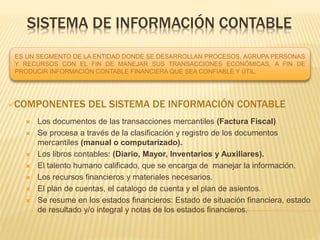 SISTEMA DE INFORMACIÓN CONTABLE
ES UN SEGMENTO DE LA ENTIDAD DONDE SE DESARROLLAN PROCESOS, AGRUPA PERSONAS
Y RECURSOS CON EL FIN DE MANEJAR SUS TRANSACCIONES ECONÓMICAS, A FIN DE
PRODUCIR INFORMACIÓN CONTABLE FINANCIERA QUE SEA CONFIABLE Y ÚTIL.
COMPONENTES DEL SISTEMA DE INFORMACIÓN CONTABLE
 Los documentos de las transacciones mercantiles (Factura Fiscal)
 Se procesa a través de la clasificación y registro de los documentos
mercantiles (manual o computarizado).
 Los libros contables: (Diario, Mayor, Inventarios y Auxiliares).
 El talento humano calificado, que se encarga de manejar la información.
 Los recursos financieros y materiales necesarios.
 El plan de cuentas, el catalogo de cuenta y el plan de asientos.
 Se resume en los estados financieros: Estado de situación financiera, estado
de resultado y/o integral y notas de los estados financieros.
 