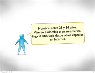Hombre, entre 25 y 34 años.
                            Vive en Colombia o en suramérica.
                          llega al sitio web desde otros espacios
                                          en Internet.




Thursday, June 23, 2011                                             28
 