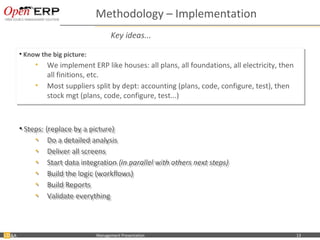 Methodology – Implementation
                                           Key ideas...

     •• Know the big picture:
        Know the big picture:
            •• We implement ERP like houses: all plans, all foundations, all electricity, then
               We implement ERP like houses: all plans, all foundations, all electricity, then
               all finitions, etc.
               all finitions, etc.
            •• Most suppliers split by dept: accounting (plans, code, configure, test), then
               Most suppliers split by dept: accounting (plans, code, configure, test), then
               stock mgt (plans, code, configure, test...)
               stock mgt (plans, code, configure, test...)


     •• Steps: (replace by a picture)
        Steps: (replace by a picture)
           •• Do a detailed analysis
                Do a detailed analysis
           •• Deliver all screens
                Deliver all screens
           •• Start data integration (in parallel with others next steps)
                Start data integration (in parallel with others next steps)
           •• Build the logic (workflows)
                Build the logic (workflows)
           •• Build Reports
                Build Reports
           •• Validate everything
                Validate everything



&A    Nom du fichier – à compléter   Management Presentation                                     13
 