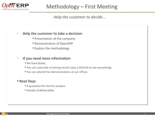 Methodology – First Meeting
                                           Help the customer to decide...


           •• Help the customer to take a decision:
              Help the customer to take a decision:
                            •• Presentation of the company
                               Presentation of the company
                            •• Demonstration of OpenERP
                               Demonstration of OpenERP
                            •• Explain the methodology
                               Explain the methodology

           •• If you need more information
               If you need more information
                   ••We have books,
                     We have books,
                   ••You can subscribe a training session (pay a little bit to see everything)
                     You can subscribe a training session (pay a little bit to see everything)
                   ••You can attend free demonstrations at our offices
                     You can attend free demonstrations at our offices

           •• Next Step:
              Next Step:
                   ••A quotation for the Pre-analysis
                     A quotation for the Pre-analysis
                   ••Sample of deliverables
                     Sample of deliverables




&A   Nom du fichier – à compléter    Management Presentation                                     7
 