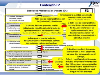 Contenido F2
                                           Elecciones Presidenciales Octubre 2012                                             F2
                                                  CÓD. OBS
                                                                                              1) Considera la cantidad aproximada
1) ¿Cuántos votantes hay                           A)        Menos de 15
                                                                                                 de personas que están esperando
     en cola a la entrada                              4) En caso de15 y 40 problemas con entrar al momento en que
                                                        B)        Entre haber
                                                                                                  para
     del centro de votación?                            C)        Más de 40
                                                           la(s) máquina(s) de votación,      llegas al centro de votación asignado
                                                      deberás indicarlo y registrar cuántas a # 4) En caso de haber problema
                                                                                                     (pasa 2-3)
2)   Funcionamiento del Sistema de                      A)        El SAI funciona sin problemas

                                                     máquinas han presentado problemas con más de una de las máquinas
     Autenticación Integrado 5) En caso de haber Hubo problemas conlas
                                                        B)        problema con el Sistema de Autenticación Integrado ¿Cuántas?
3)   ¿Cómo fue resuelto el máquinas de votación,No se ha resuelto todavía
                                   problema             A)         selecciona todas las                      del SAI, selecciona todas las
                                     opciones necesarias para describir cómo
     con el SAI en las mesas con problemas B)                     La(s) máquina(s) SAI fue(ron) reparada(s)    opciones necesarias para
                                                        C)        La(s) máquina(s) SAI fue(ron) cambiada(s) por otra(s)
                                  fueron atendidas las situaciones observadas
       ( A C EPT A R ES PU ES T A M Ú LT IPLE)
                                                                                                             describir las situaciones y en
4)   Funcionamiento de las máquinas                     A)         Todas las máquinas de votación funcionan sin problemas
     de votación en el Centro
                                                                                                           caso de haber problemas 6)
                                                                                                                                (pasa a #
                                                                                                                                          indica
                                                        B)         Hubo problemas con algunas máquinas de votación
                                              indicar para el caso de todos los
                                                                  ¿Cuántas?                                         cómo fue resuelto
5)   ¿Cómo fue resuelto el problema INTEGRANTESA) la mismaha resuelto todavía
                                                         de       No se mesa, cuántos
     con la(s) máquina(s) de votación?     son mujeres y cuántos son hombres reparada(s)
                                                        B)        La(s) máquina(s) fue(ron)
                                                   C)        La(s) máquina(s) fue(ron) cambiada(s) por otra(s)
       ( A C EPT A R ES PU ES T A M Ú LT IPLE)     D)        Se pasó a votación manual
                                                   E)        No se pudo resolver y se cerró la mesa 9)
                                                                                                   Se deberá medir el tiempo que
6) De los integrantes de la mesa donde                       Mujeres                            transcurre en la mesa observada,
     Ud. observa, ¿cuántas son mujeres?                                                         para que diez personas ejerzan el
7) De los integrantes de la mesa donde                       Hombres                                          sufragio.
     Ud. observa, ¿cuántos son hombres?
                                                                                     8) En esta pregunta deberásdicho tiempo en
                                                                                               Deberá cuantificar
8) ¿Cuál es el sexo del o la presidente            A)        Mujer
   de la mesa observada?                           B)        Hombre
                                                                                              minutos, independientemente si las
                                                                                 identificar quién es el(la) presidente
9) En la mesa de votación observada,               A)        Menos de 15 minutos
                                                                                    de mesa ediez (10)si es mujervotaron seguidas
                                                                                               indicar personas u
   ¿cuánto demoran 10 electores                    B)        Entre 15 y 25 minutos            uno detrás de otro, o si hubo lapsos
                                                                                                hombre
     en votar?                                     C)        Más de 25 minutos                   de tiempo en los cuales no pasó
                                                                                                    ningún votante a la mesa
 