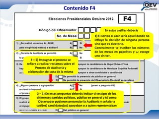 Contenido F4
                                               Elecciones Presidenciales Octubre 2012                       F4
                                Código del Observador                                        En estas casillas deberás
                                                    No. de Mesa                     1) El sorteo al el número aquel donde no
                                                                                           indicar azar sería de mesa
                                                                                    influyeauditada en la cual se está
                                                                                             la decisión de ninguna persona
1) ¿Se realizó un sorteo AL AZAR                             A)       Sí                    realizando la observación
                                                                                    sino que es aleatorio.
     para elegir la(s) mesa(s) a auditar?                    B)       No            Generalmente se escriben los números
2) ¿Durante la Auditoría se permitió                         A)       No
                                                                                    de las mesas en papelitos y se escoge
                                                                                 (pasar a pregunta # 4)
                                                                                    uno sin ver.
     la presencia de testigos?                               B)       Sí
                     4 – 5) Impugnar el proceso se
3)   De cuáles candidatos(as) reclamos Partidos que apoyan la candidatura de Hugo Chávez Frías
                refiere a realizar          A) sobre el
     hay testigos: Proceso de Auditoría y   B) Partidos que apoyan la candidatura de Henrique Capriles Radonski
     ( A C EPT A Relaboración del acta de laPartidos que apoyan a otros candidatos o candidatas
                  ES PU ES T A M Ú LT IPLE) C) misma
                                                   D)   Se permitió la presencia de público en general
                                                   E)   Se permitió la presencia del Observatorio Electoral Venezolano

4) ¿Alguna persona o agrupación                              A)       No         (pasar a pregunta # 6)
     reclamó o impugnó                                       B)       Sí
                    2 – 3) En
     el proceso de auditoría? estas preguntas deberás indicar si testigos de los
5)                   diferentes partidos Las y los testigos del candidato Hugo Chávez Frías
     El grupo o persona que       A)     políticos, público en general y tú como
                      Observador pudieron y los testigos del Auditoría y señalar a Radonski
     realizó el reclamo           B)     Las presenciar la candidato Henrique Capriles
     o impugnación cual(es) candidatos(as)yapoyaban de a quien representaban
                     era:         C)     Las los testigos o otros candidatos o candidatas
     ( A C EPT A R ES PU ES T A M Ú LT IPLE)       D)   Del público en general
 