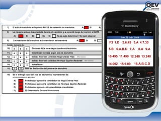7)    El acta de escrutinio se imprimió ANTES de transmitir los resultados                           A)                 Si                B)   No

8)    La máquina estuvo desconectada durante el escrutinio y se conectó luego de imprimir el ACTA
       A)                    Si         B)           No   C)      No se pudo determinar / No logró observar

9)     Los resultados del escrutinio se transmitieron exitosamente                       A)                       Si                 B)        No
                                                                                                                                                    F3 1.D   2.6.45 3.A 4.7.30
Anotar número de:
10)    0
       4          9
                  9          5
                             5         Electores de la mesa según cuaderno electrónico                                                              5.B 6.A.B.D 7.A    8.A 9.A
11)    0
       4          9
                  9          0
                             0         Votantes en la mesa según acta de escrutinio
12)    0
       2          4
                  4          0
                             0         Votos a favor del candidato Hugo Chávez Frías     ( V e r re v e r s o )                                 10.495 11.490 12.240 13.240
13)    0
       2          4
                  4          0
                             0         Votos a favor del candidato Henrique Capriles Radonski               ( V e r r ev e r s o )


14)    0
       0          1
                  0          0
                             2         Votos Nulos                                                                                                  14.002 15.9.00   16.A.B.C.D
15)     9     : 00         Hora de finalización del proceso de escrutinio
      hora     minutos

16)   Se le entregó copia del acta de escrutinio a represetantes de:
      ( A C EPT A R ES PU ES T A M U LT IPLE)

       A)                  Partidos que apoyan la candidatura de Hugo Chávez Frías
       B)                  Partidos que apoyan la candidatura de Henrique Capriles Radonski
       C)                  Partidos que apoyan a otros candidatos o candidatas
       D)                  El Observatorio Electoral Venezolano
 