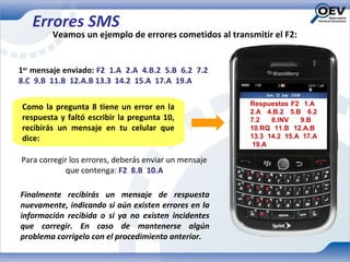 Errores SMS
        Veamos un ejemplo de errores cometidos al transmitir el F2:


1er mensaje enviado: F2 1.A 2.A 4.B.2 5.B 6.2 7.2
8.C 9.B 11.B 12.A.B 13.3 14.2 15.A 17.A 19.A

                                                       Respuestas F2 1.A
Como la pregunta 8 tiene un error en la
                                                       2.A 4.B.2 5.B 6.2
respuesta y faltó escribir la pregunta 10,             7.2   8.INV   9.B
recibirás un mensaje en tu celular que                 10.RQ 11.B 12.A.B
dice:                                                  13.3 14.2 15.A 17.A
                                                        19.A

Para corregir los errores, deberás enviar un mensaje
            que contenga: F2 8.B 10.A

Finalmente recibirás un mensaje de respuesta
nuevamente, indicando si aún existen errores en la
información recibida o si ya no existen incidentes
que corregir. En caso de mantenerse algún
problema corrígelo con el procedimiento anterior.
 