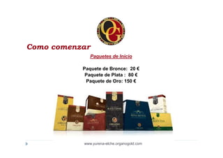 Como comenzar
              Paquetes de Inicio

           Paquete de Bronce: 20 €
            Paquete de Plata : 80 €
            Paquete de Oro: 150 €




           www.yurena-elche.organogold.com
 