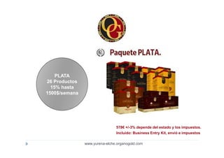 PLATA
26 Productos
  15% hasta
1500$/semana




                               578€ +/-3% depende del estado y los impuestos.
                               Incluido: Business Entry Kit, envió e impuestos

               www.yurena-elche.organogold.com
 