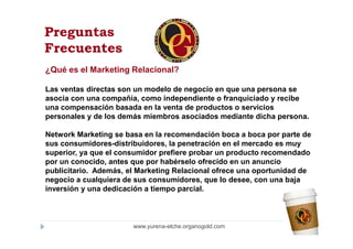 Preguntas
Frecuentes
¿Qué es el Marketing Relacional?

Las ventas directas son un modelo de negocio en que una persona se
asocia con una compañía, como independiente o franquiciado y recibe
una compensación basada en la venta de productos o servicios
personales y de los demás miembros asociados mediante dicha persona.

Network Marketing se basa en la recomendación boca a boca por parte de
sus consumidores-distribuidores, la penetración en el mercado es muy
superior, ya que el consumidor prefiere probar un producto recomendado
por un conocido, antes que por habérselo ofrecido en un anuncio
publicitario. Además, el Marketing Relacional ofrece una oportunidad de
negocio a cualquiera de sus consumidores, que lo desee, con una baja
inversión y una dedicación a tiempo parcial.



                       www.yurena-elche.organogold.com
 