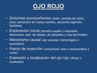 OJO ROJOSíntomas acompañantes (dolor, pérdida de visión, picor, sensación de cuerpo extraño, secreción lagrimeo, fotofobia)Exploración inicial (tamaño pupilar y respuesta fotomotora, expl. de órbitas, de párpados y vías lacrimales)Mecanismo causal (ojo vascular, hemorrágico o quemótico)Patrón de inyección (conjuntival, ciliar o periquerático y mixto)Extensión y localización del ojo rojo (difuso o localizado)