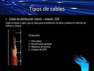 Tipos de cables
• Cable de distribución de armadura dieléctrica: CDAD
Muy robusto, totalmente dieléctrico y protegido de l...